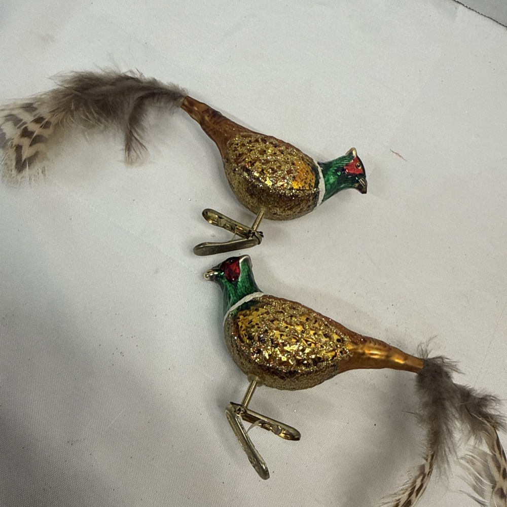 Vintage Old World Christmas OWC Glass Clip-On Pheasant Ornaments Bird - Lot of 2